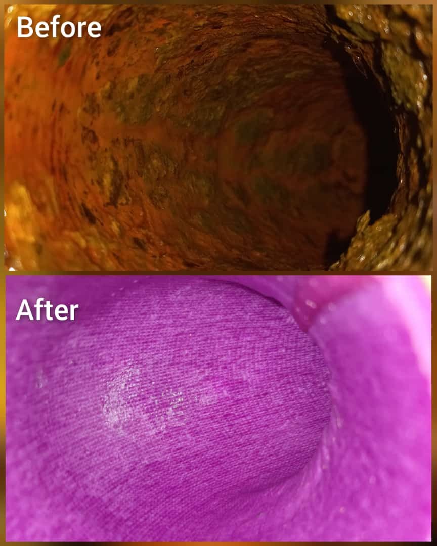Before and after: a corroded pipe interior transformed by a cured Lateral Repairs liner